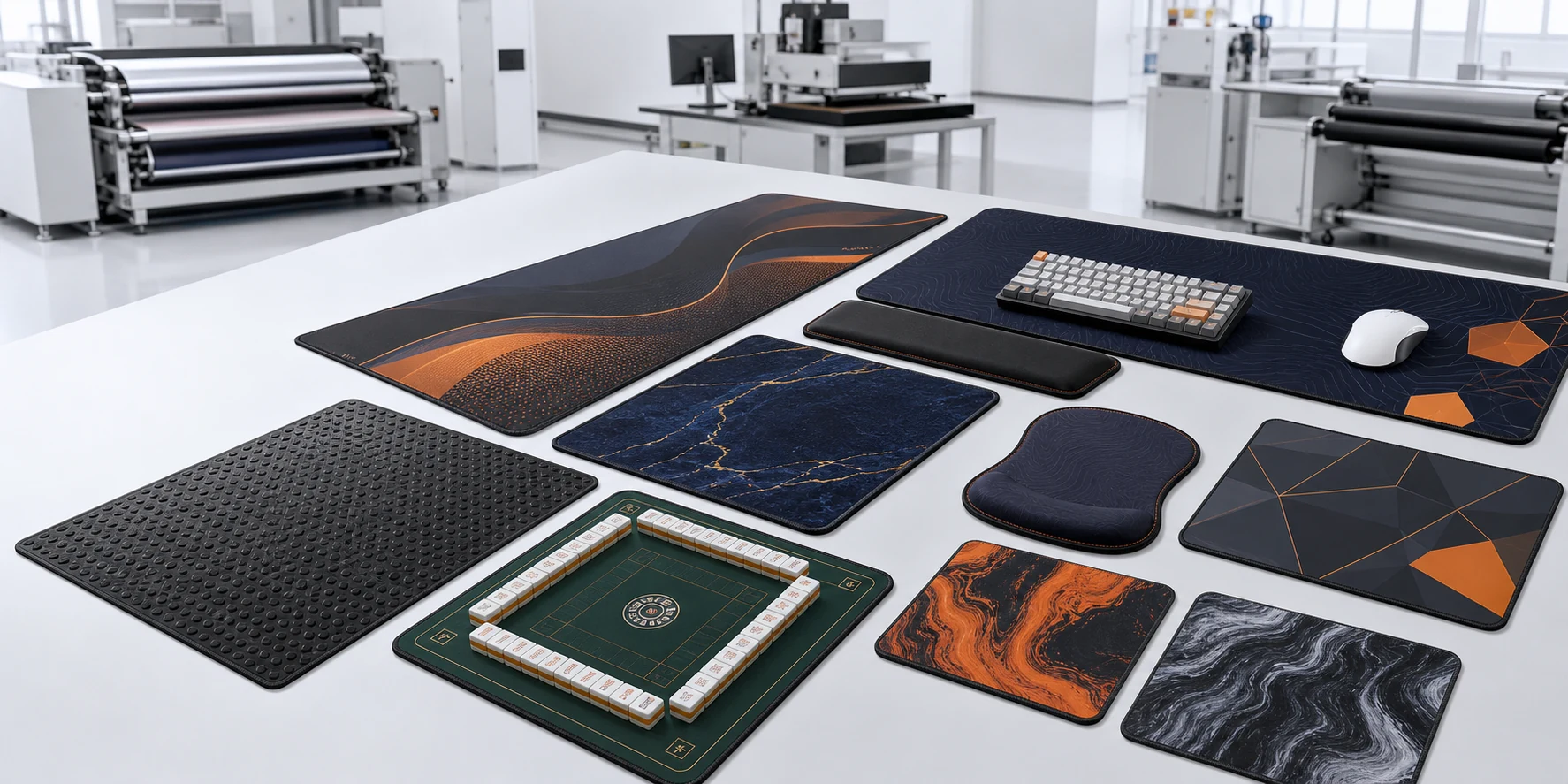 Custom mouse pads and rubber mat product collection in an OEM manufacturing studio