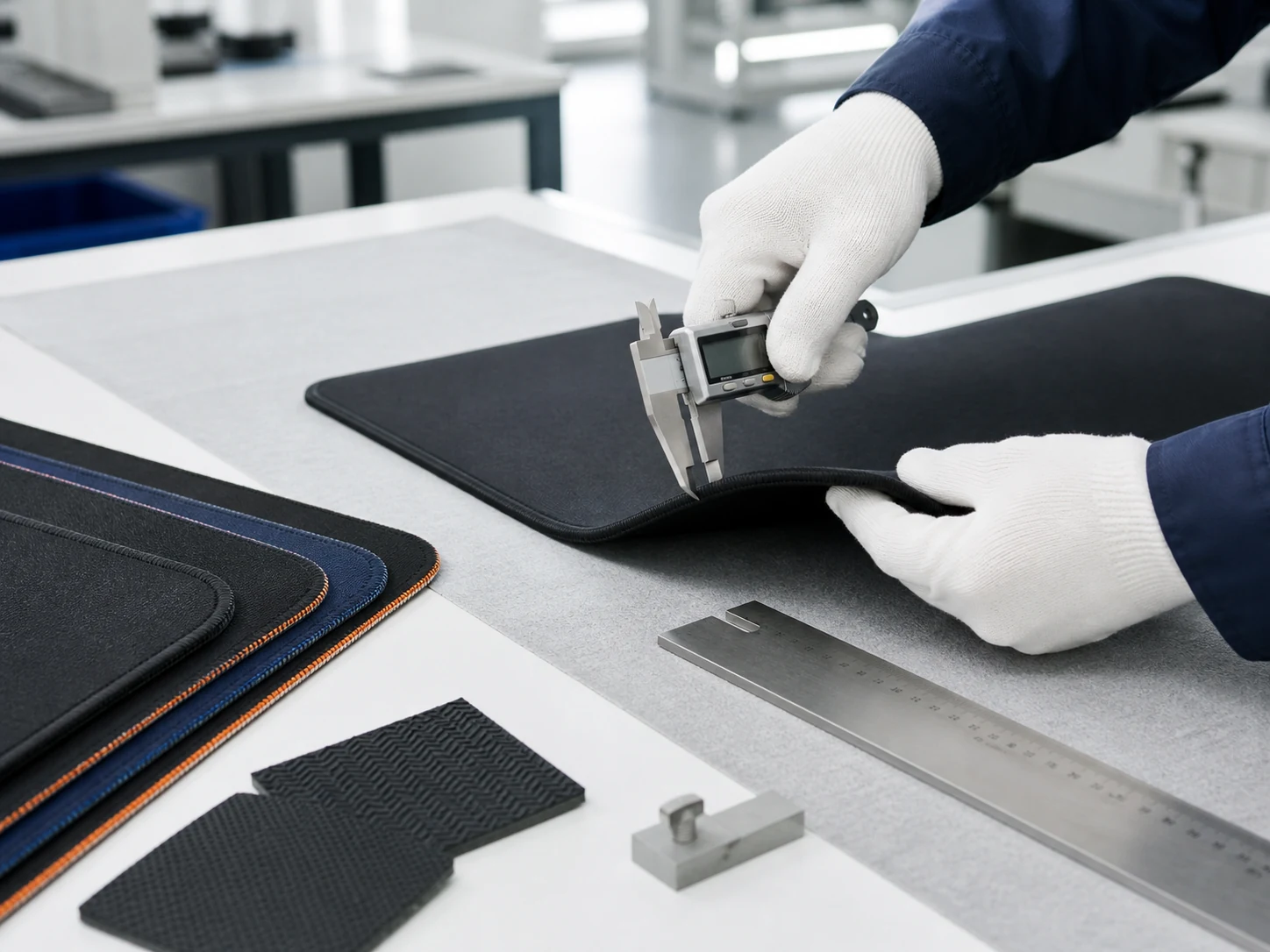 Quality control inspection of custom mouse pad thickness and stitched edges