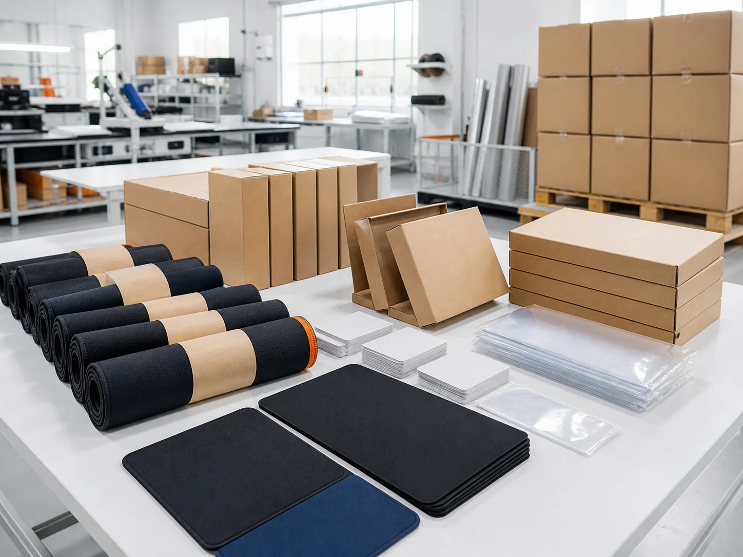 OEM mouse pad packaging workstation with export cartons and finished mats