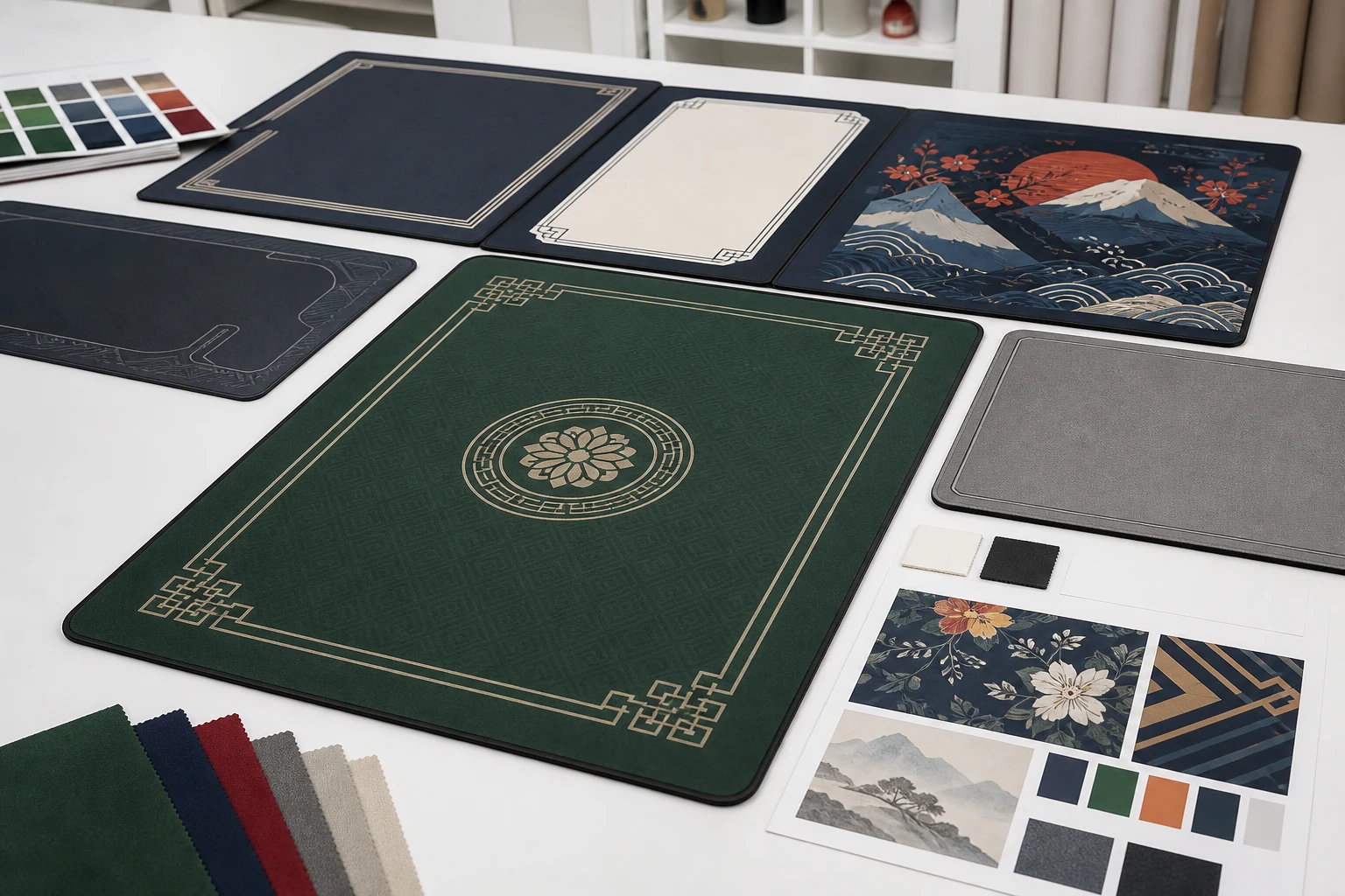 Custom printed mahjong and card game mats with full-color artwork for OEM branding