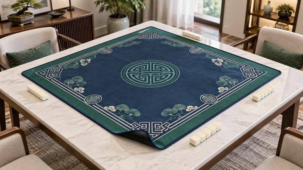 840 x 840 mm custom mahjong mat on a table with stitched edges