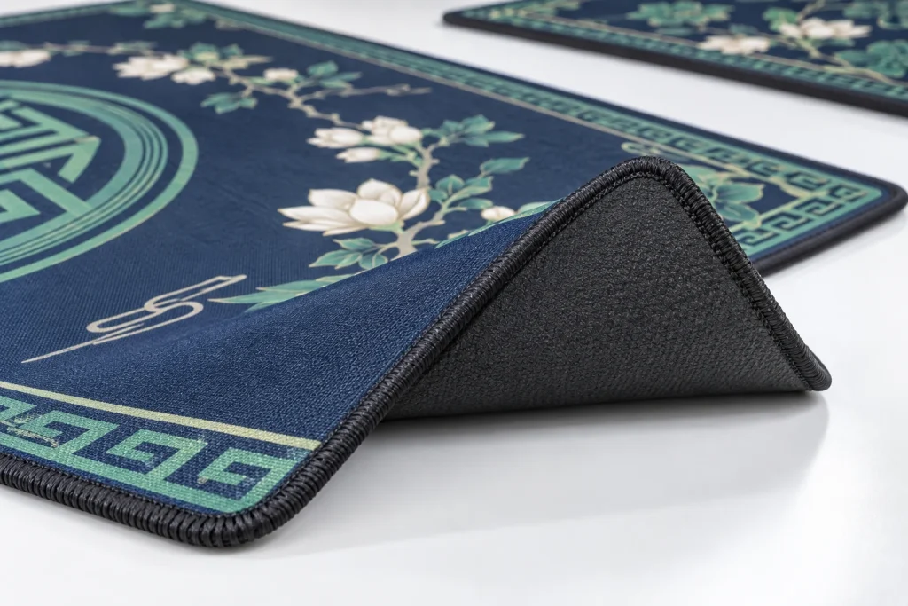 3 mm custom mahjong mat with printed fabric surface rubber backing and stitched edge
