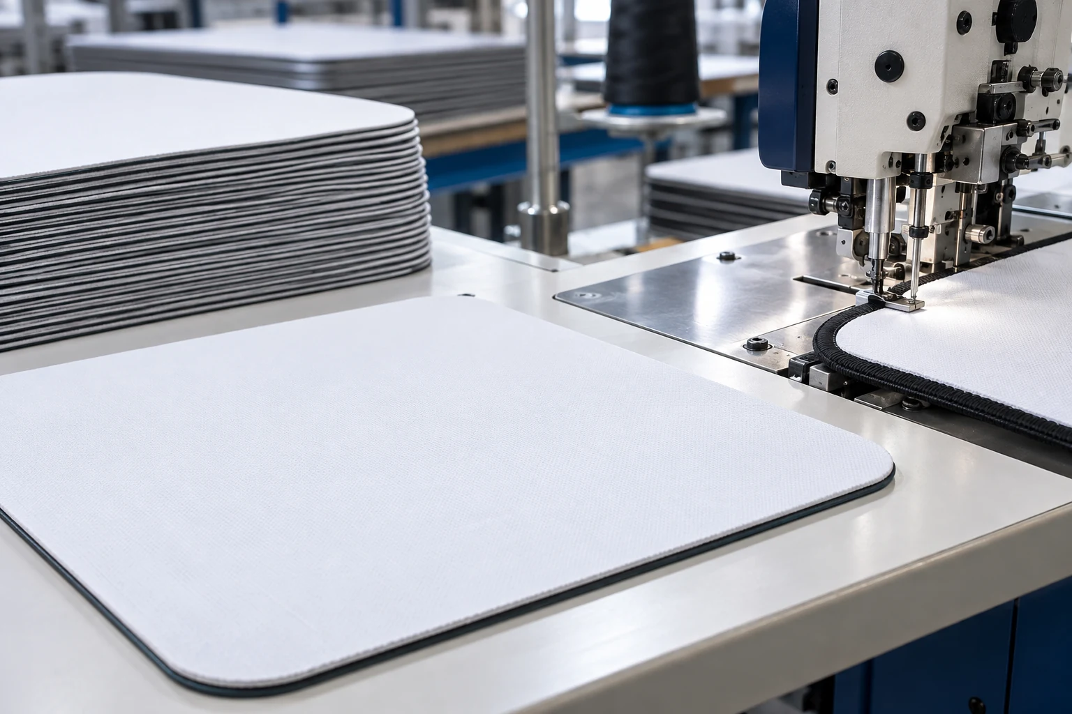 White mahjong mat blanks and overlock stitching process for clean finished edges