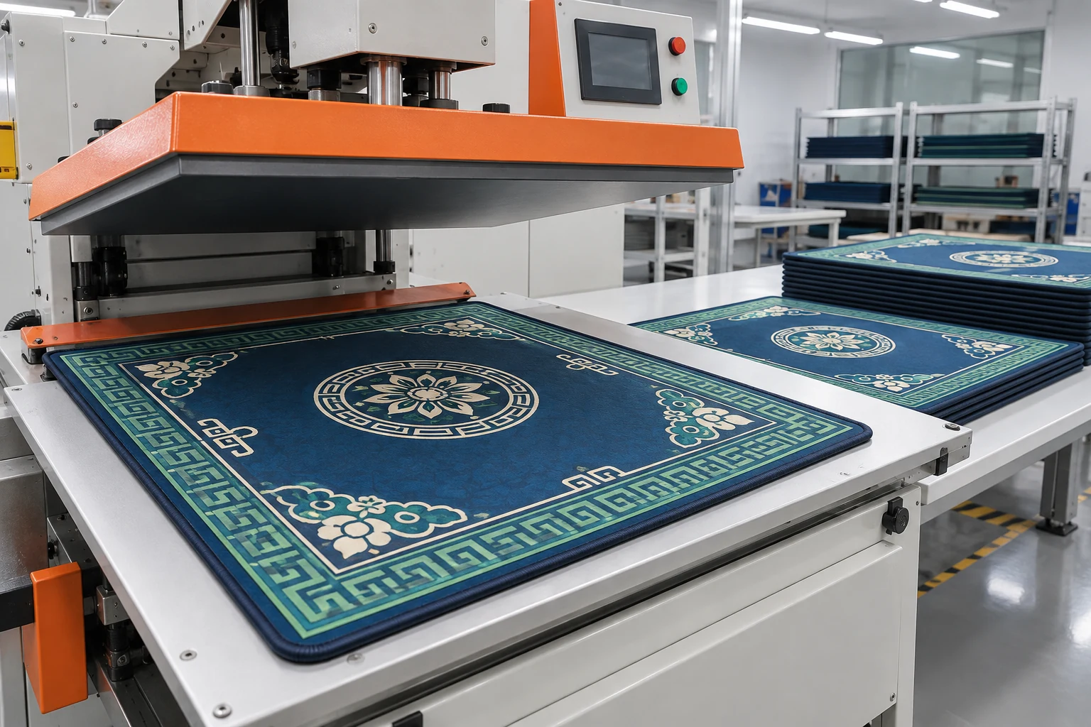 Heat transfer printing custom artwork onto finished mahjong mats in a factory